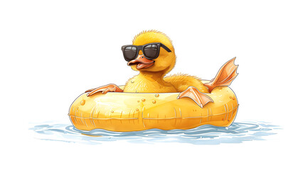 Poster - Yellow rubber duck floating on blue water in a pool on a hot summer day, taking a bath and swimming