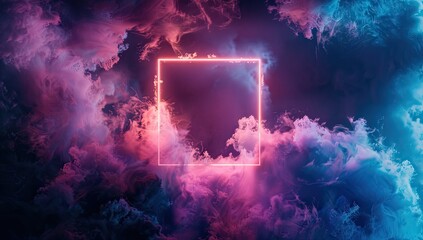Wall Mural - abstract minimalistic art photography of a glowing rectangular square shape glowing in blue and pink color neon lights covered with fake smoke and fog in a dark room