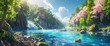 Beautiful river, blue water, surrounded by green trees and pink cherry blossoms, rocks on the shore, fantasy style, sunny day, blue sky with white clouds