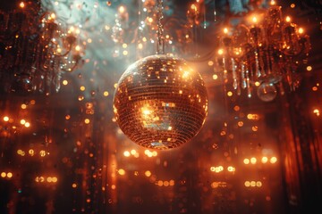 A classic disco ball cast enchanting light reflections, creating a warm amber atmosphere reminiscent of lively gatherings and joyful moments