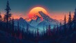 A beautiful landscape image of a mountain range at sunset. The sky is a deep orange and the sun is setting behind the mountains. The mountains are covered in snow.