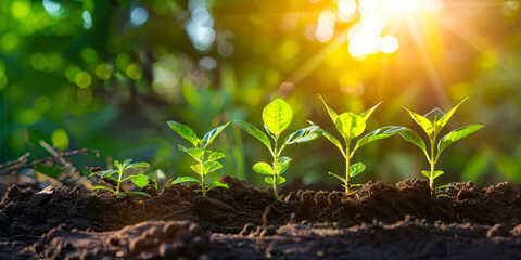 Wall Mural - Young plants growing in the soil with sunlight.