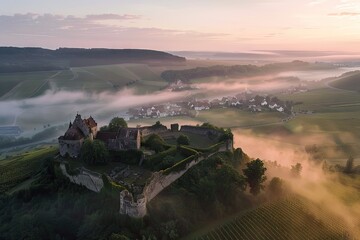 Wall Mural - beautiful aerial view of the green hills and mountains covered with grass and fog in the morning view with a castle made on the hill