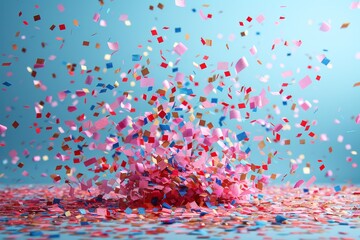 Wall Mural - a dynamic image capturing the movement of exploding confetti in various shades of red and pink again