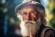 © Maria - An old man traveler with a backpack on his shoulders and a beard looks at the camera, close-up