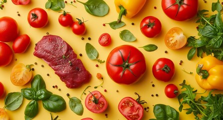 Poster - Assorted fresh raw vegetables and meat ingredients on vibrant yellow background, top view flat lay concept