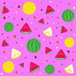  Vector seamless bright background with simple stylized watermelons and melons, slices and seeds of watermelon and melon on a soft purple background for wallpaper, kitchen, printing, textile, sites 