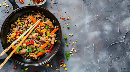 Wok with turkey meat soba noodles corn green peas green beans and carrots served on gray background with chopsticks Asian food concept of street food Top view with copy space : Generative AI