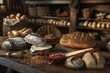 Variety of bread types displayed on table, staple food in many cuisines