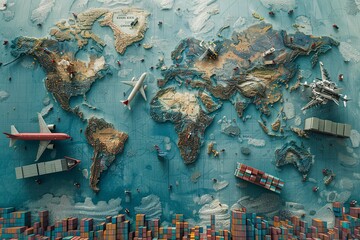 a map of the world with planes , ships , and buildings on it