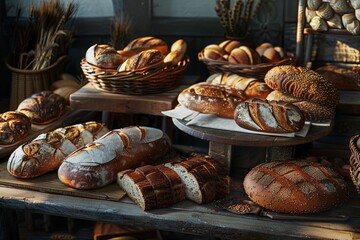 Canvas Print - A variety of bread types are displayed on the table