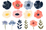 Fototapeta Młodzieżowe - Colorful flowers hand drawn collection isolated on transparent background