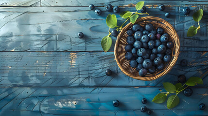Poster - Ripe blueberries in a wicker bowl on a blue rustic wooden table Flat lay shot Harvesting and healthy nutrition and vitamins concept background with copy space : Generative AI