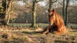 Chestnut mare pony relaxing in the winter sun with oak trees in the background
