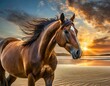 A brown horse standing on top of a sandy beach under a cloudy blue and orange sky with a sunset

