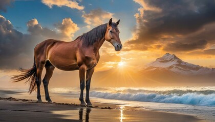 A brown horse standing on top of a sandy beach under a cloudy blue and orange sky with a sunset
