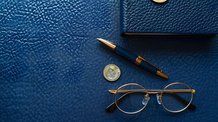 Fototapete - Flat lay view of money coin eyeglasses pen and book bank on blue leather background with copy space Business and financial concept : Generative AI