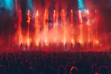 Capturing the silhouettes of enthusiastic concert-goers against a dramatic red and blue stage light backdrop