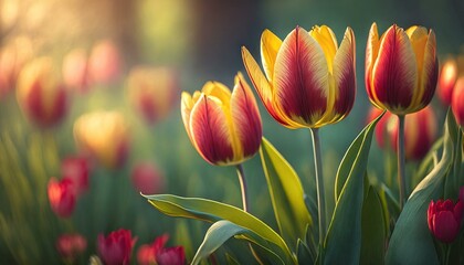 Wall Mural - Beautiful red and yellow tulips in a spring garden