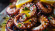 detailed, creative view of a Mediterranean seafood dish, grilled octopus tentacles drizzled with a lemon butter sauce