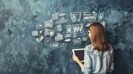 Wall Mural - Girl holding a tablet computer and news icon. Concept of news sources and media.