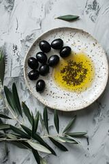 Wall Mural - Olive oil, olives and olive branches. AI generative.