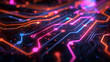 Neon circuit paths, AI and graphics concept, tech digital style, vibrant on dark, wide angle,