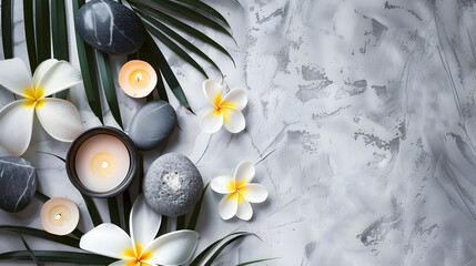 Spa concept on white stone background palm leaves flower candle and zen like grey stones top view copy space : Generative AI