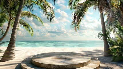 Wall Mural - 3D round stone podium for product show case in palm beach