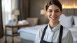 A professional photo, trending on Adobe Stock. A European chambermaid in a neat uniform smiles warmly as she smoothing out the fitted sheet on a bed