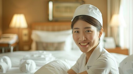 Wall Mural - A professional photo, trending on Adobe Stock. A Japanese chambermaid in a neat uniform smiles warmly as she smoothing out the fitted sheet on a bed