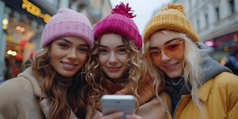 Wall Mural - A group of cheerful friends on a walk in the city smiling and laughing using their smartphones.