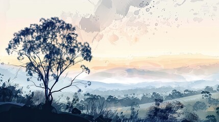 Wall Mural - Pastel watercolor landscape of hills and mountains