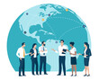 Global trade, investing. The team discusses in front of globe. Business vector illustration. 
