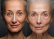 The photo on the left depicts her face extreme wrinkles while the photo on the right reveals a significant glowing skin
