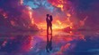 Illustrate a scene where lovers embrace in a virtual realm, surrounded by a harmonious blend of colors that intensify the amorous atmosphere, merging reality and fantasy seamlessly Traditional Art Med
