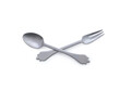 Flat lay cutlery on white background, fork and spoon isolated overhead