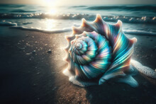 Vivid Digital Artwork Showcasing A Colorful Snail Shell On Sandy Beach. Detailed Depiction Of Nature's Beauty,