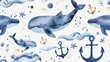 Waves, anchors, whales, and anchors on a watercolor seamless pattern
