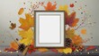 Golden Memories: Empty Photo Frame Mockup with Autumn Leaves Surrounding
