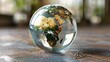 Glass globe on wooden floor, closeup. Concept of global warming