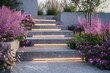 highly detailed photo of big square step stairs grey concrete stairs with garden thin line lights