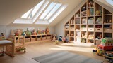 Fototapeta  - Cozy attic playroom with wooden bookshelves, plush toys