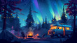 Vintage camper van with lights parked in forest at night with campfire and starry sky. Night camping adventure. Outdoor travel and nature exploration concept. Design for poster, banner.