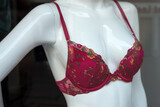Fototapeta Sypialnia - Closeup of red printed bra on mannequin in a fashion store showroom
