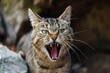 Ferocious Feline Foe:Captivating Closeup of an Angry Wild Cat Baring Teeth in Intimidating Stance