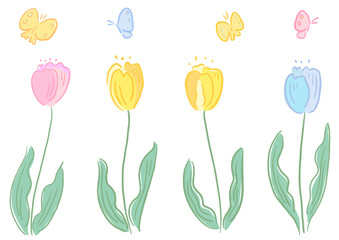 Wall Mural - Tulips and butterflies, cute hand-drawn illustration set / チューリップと蝶(ちょうちょ)、かわいい手描きイラストセット