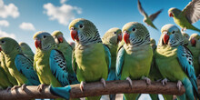 Parakeets Huddled On A Branch. A Group Of Green Parakeets With Blue Wings Huddle Together On A Thin Branch.