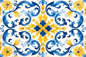 Pattern of Portuguese azulejos tiles. Rustic blue and yellow tile watercolor seamless pattern