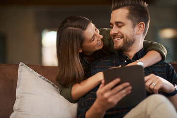 Poster - Home, hug and couple with tablet, love and search for restaurant or social media post with romance in lounge. Apartment, embrace or woman with man on couch and tech with online reading or digital app